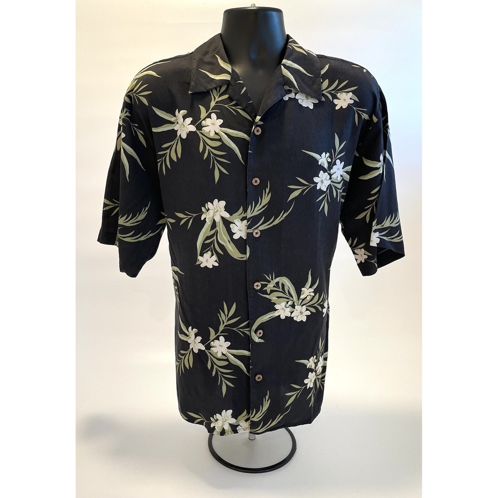Pussers Island Style Men's Lg Silk Cotton‎ Gray Black Floral Short Sleeve Shirt